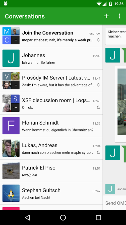 A screenshot of Conversations adopted to use Material Design colors